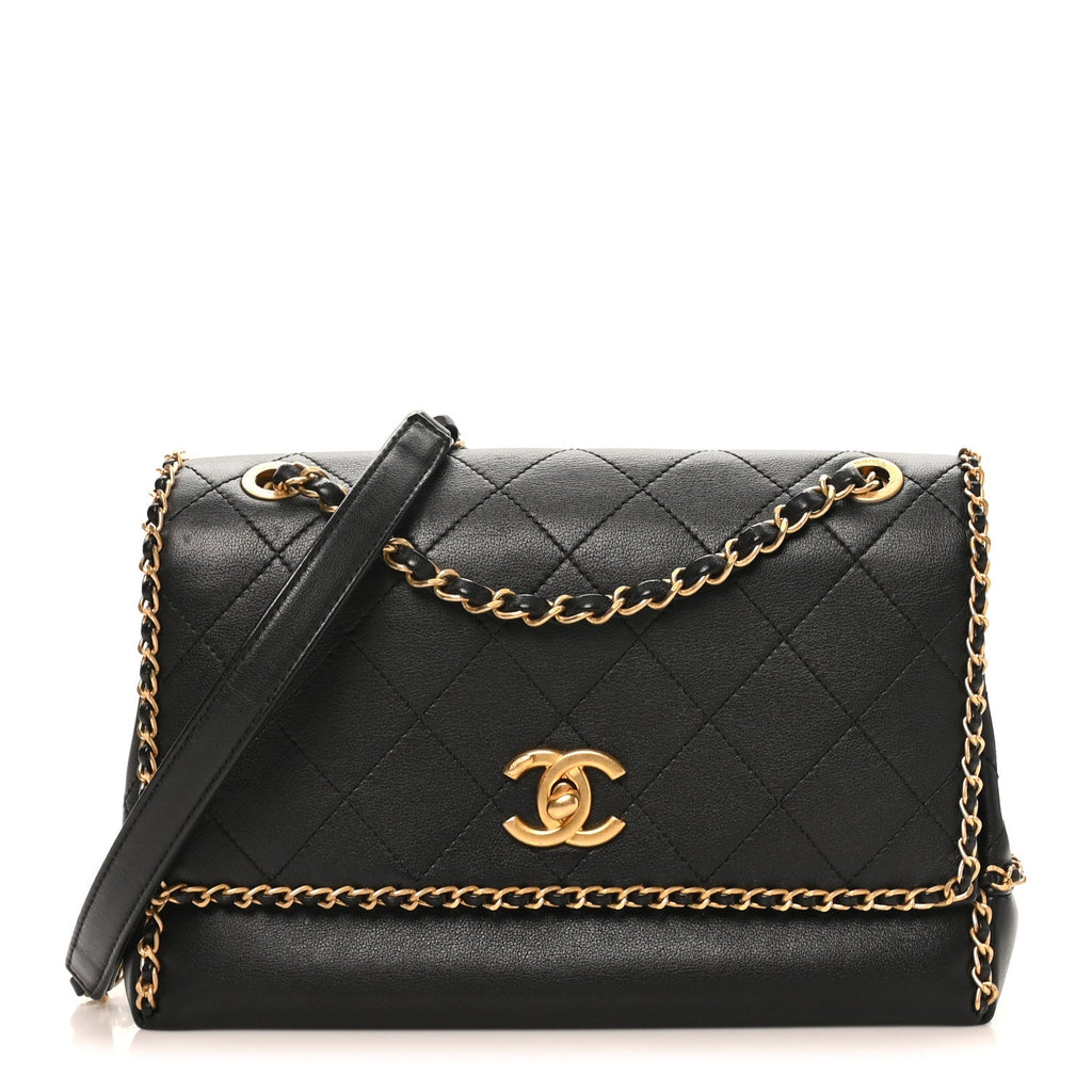 Calfskin Stitched Chain Flap Black