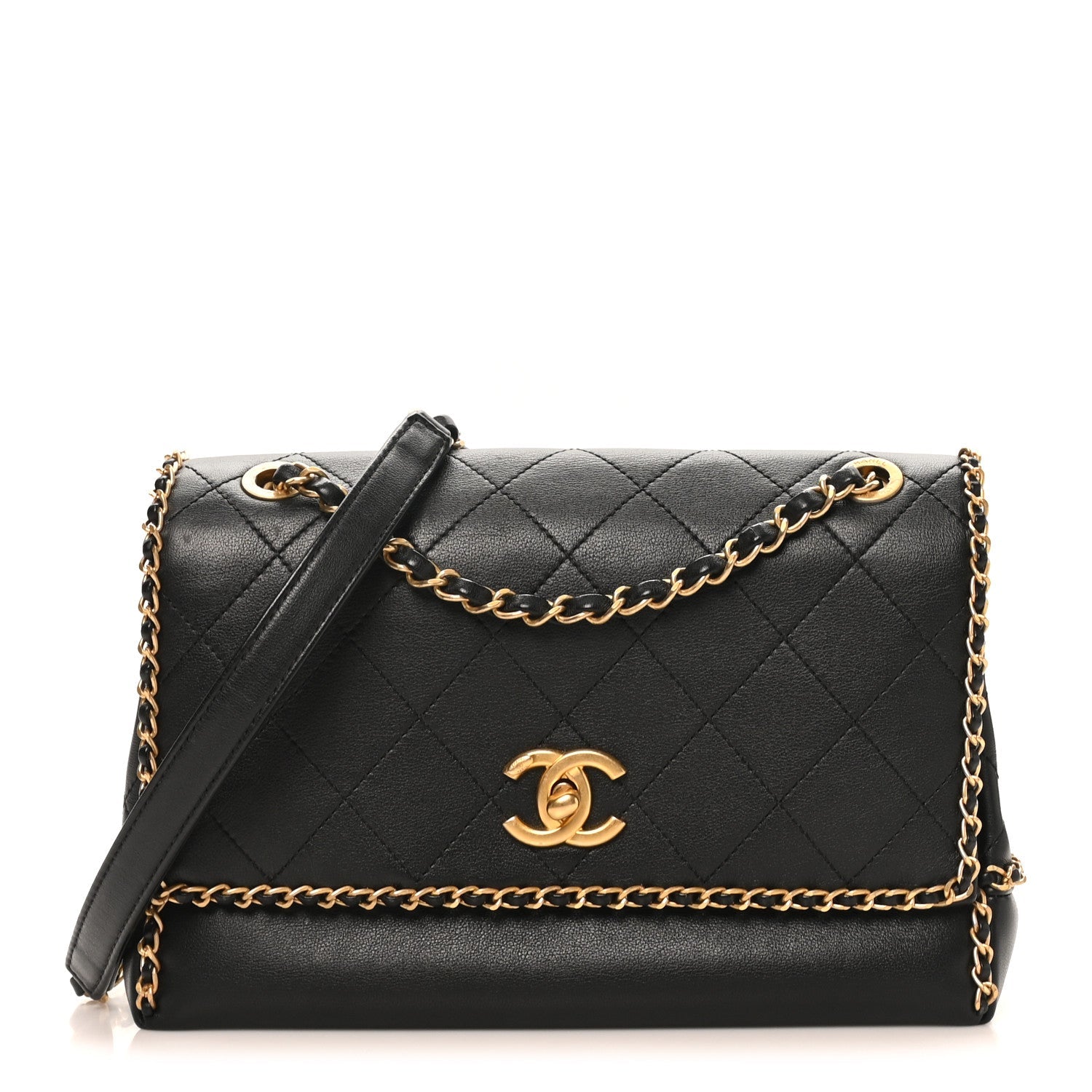 Calfskin Stitched Chain Flap Black