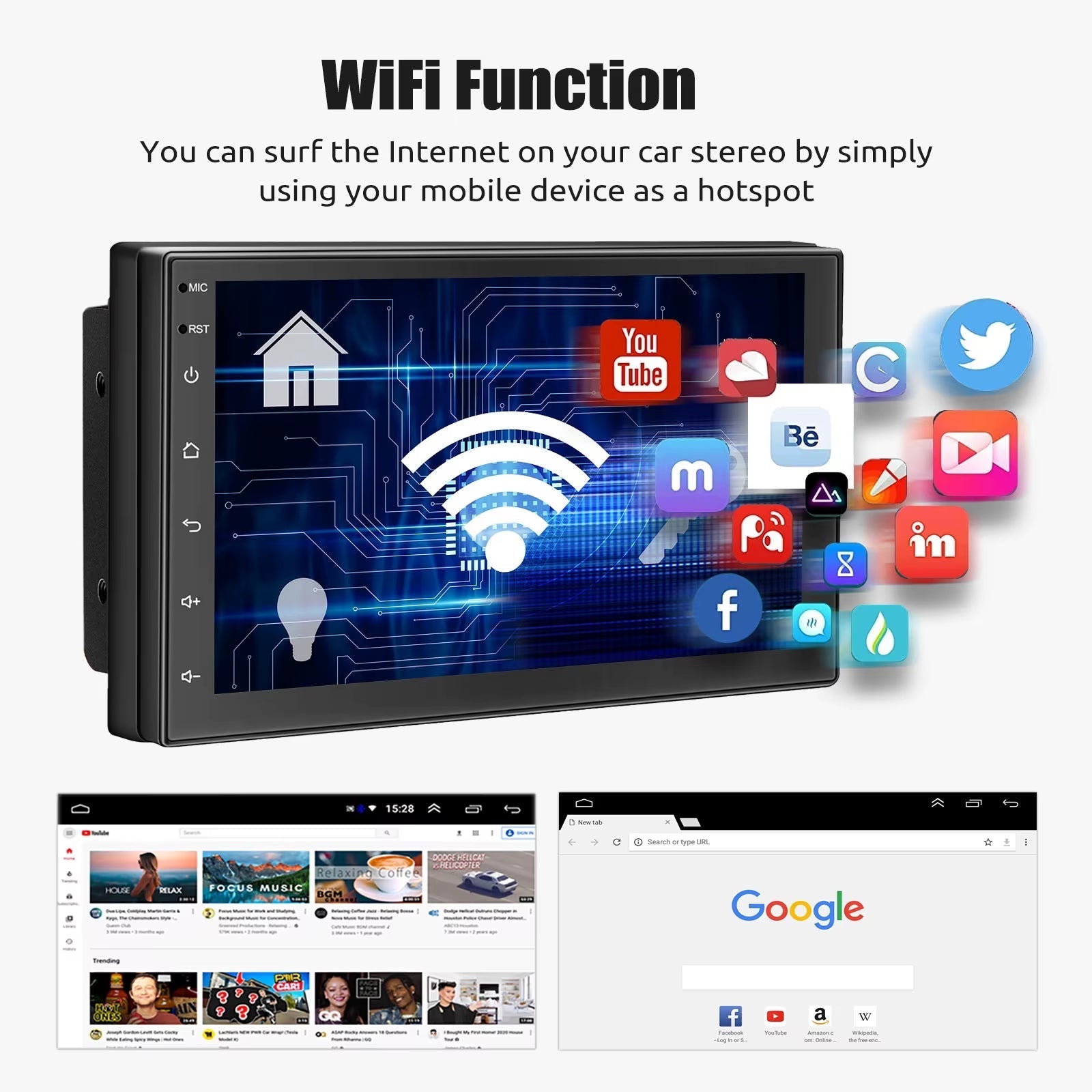 10" 2 DIN Android 14 Car Stereo, CarPlay, Android Auto, GPS Navigation, Bluetooth, FM RDS Radio, Wi-Fi, and Touchscreen Integration with Camera