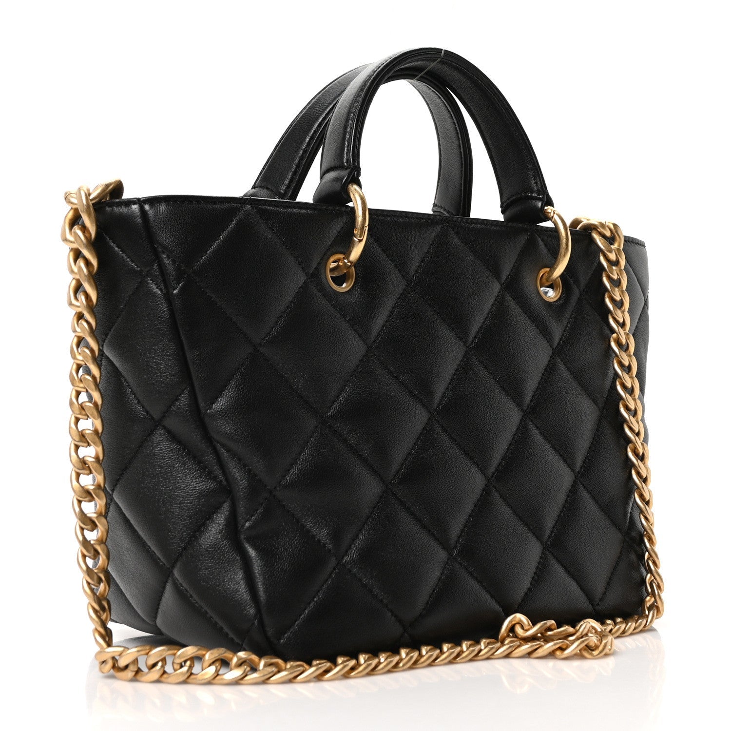 Lambskin Quilted Small Top Handle Shopping Bag Black