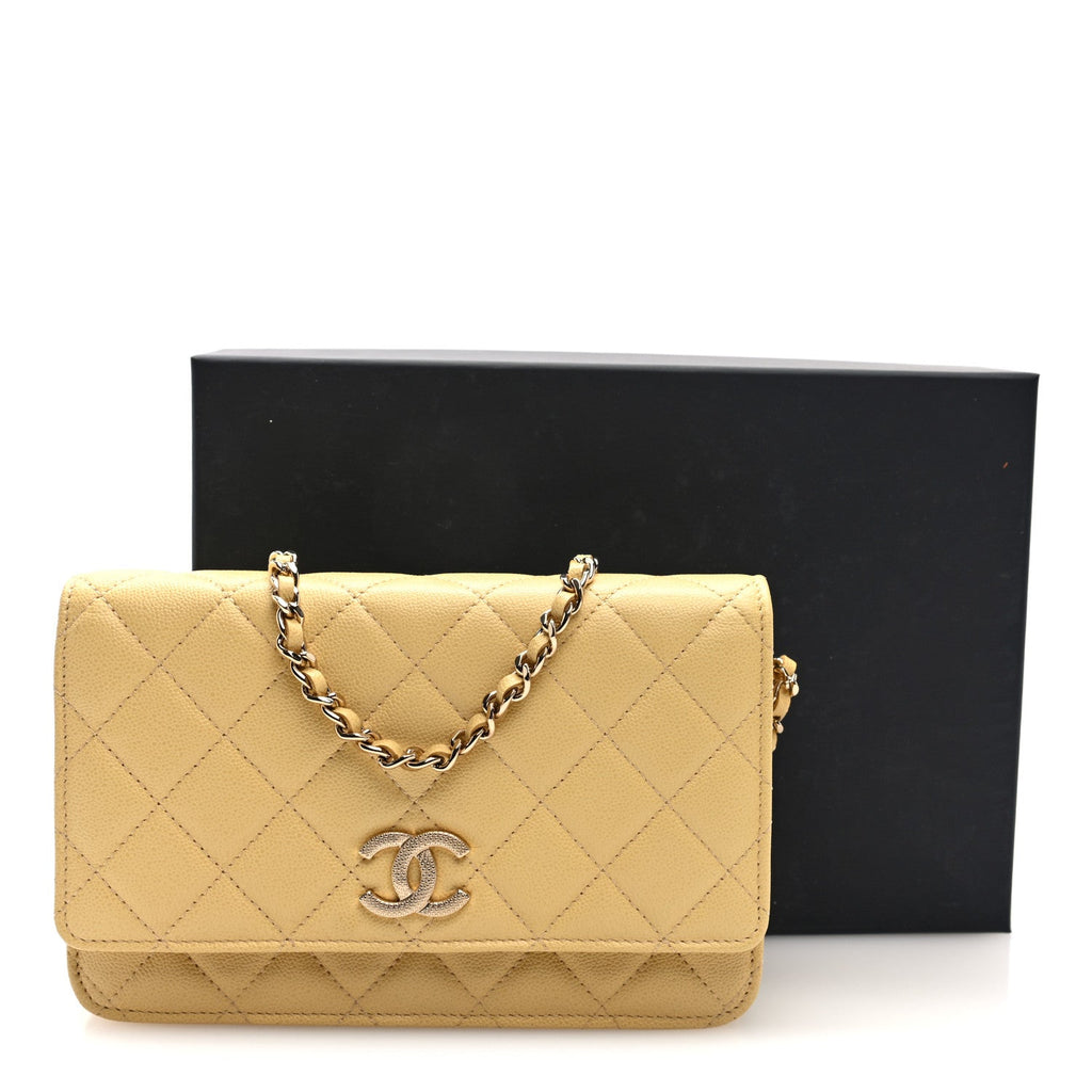Caviar Quilted Studded CC Wallet on Chain WOC Yellow