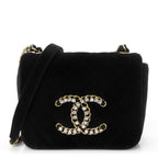 Velvet Quilted Crystal CC Mini Flap Black