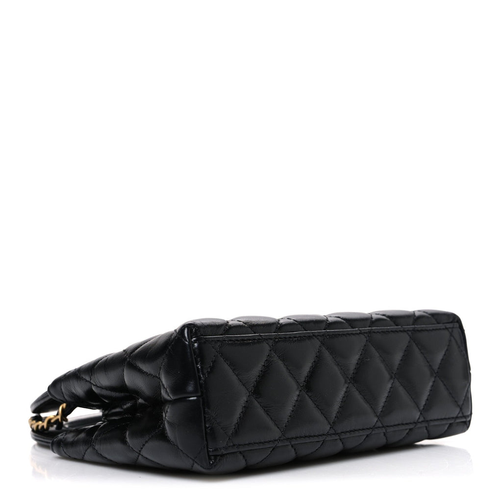 Shiny Aged Calfskin Quilted Nano Kelly Shopper Black