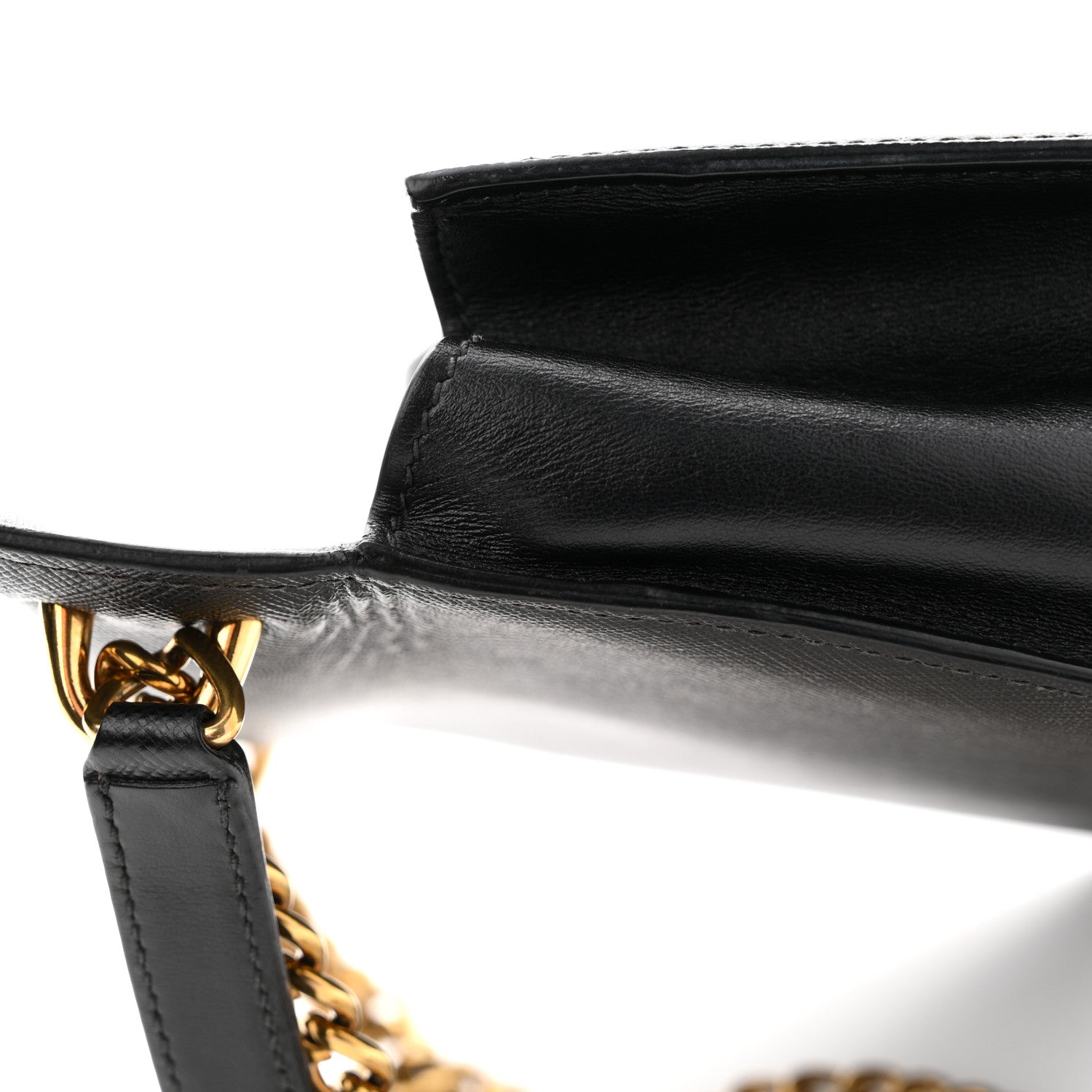 Saffiano Soft Calfskin Metal Triangle Logo Envelope Chain Shoulder Bag Black