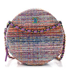 Tweed Quilted Round Clutch With Chain Blue Pink Orange