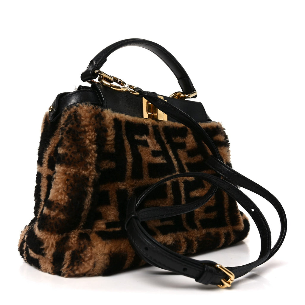 Shearling Nappa Macro FF 1974 Mini Peekaboo Iconic Satchel Tobacco Black