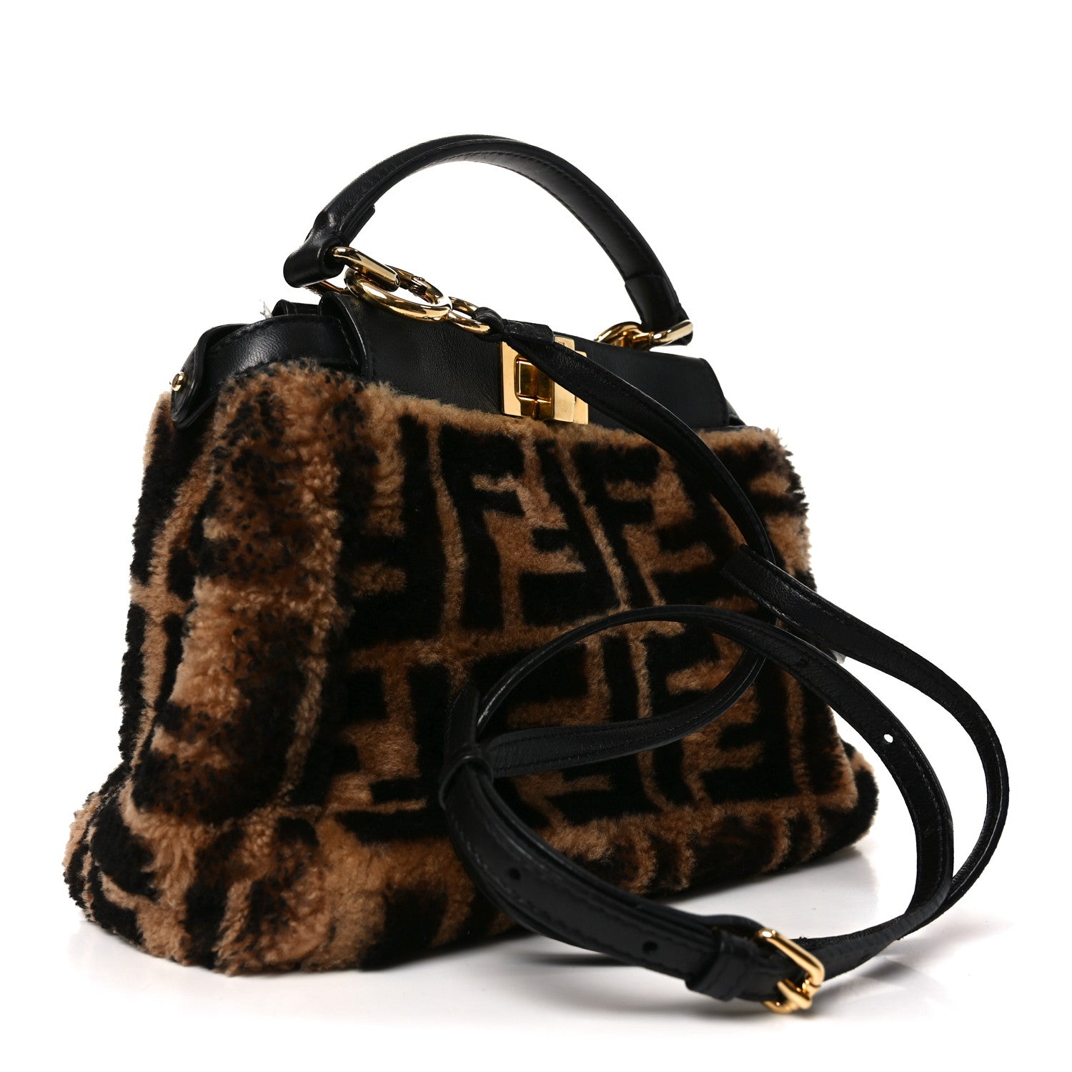 Shearling Nappa Macro FF 1974 Mini Peekaboo Iconic Satchel Tobacco Black