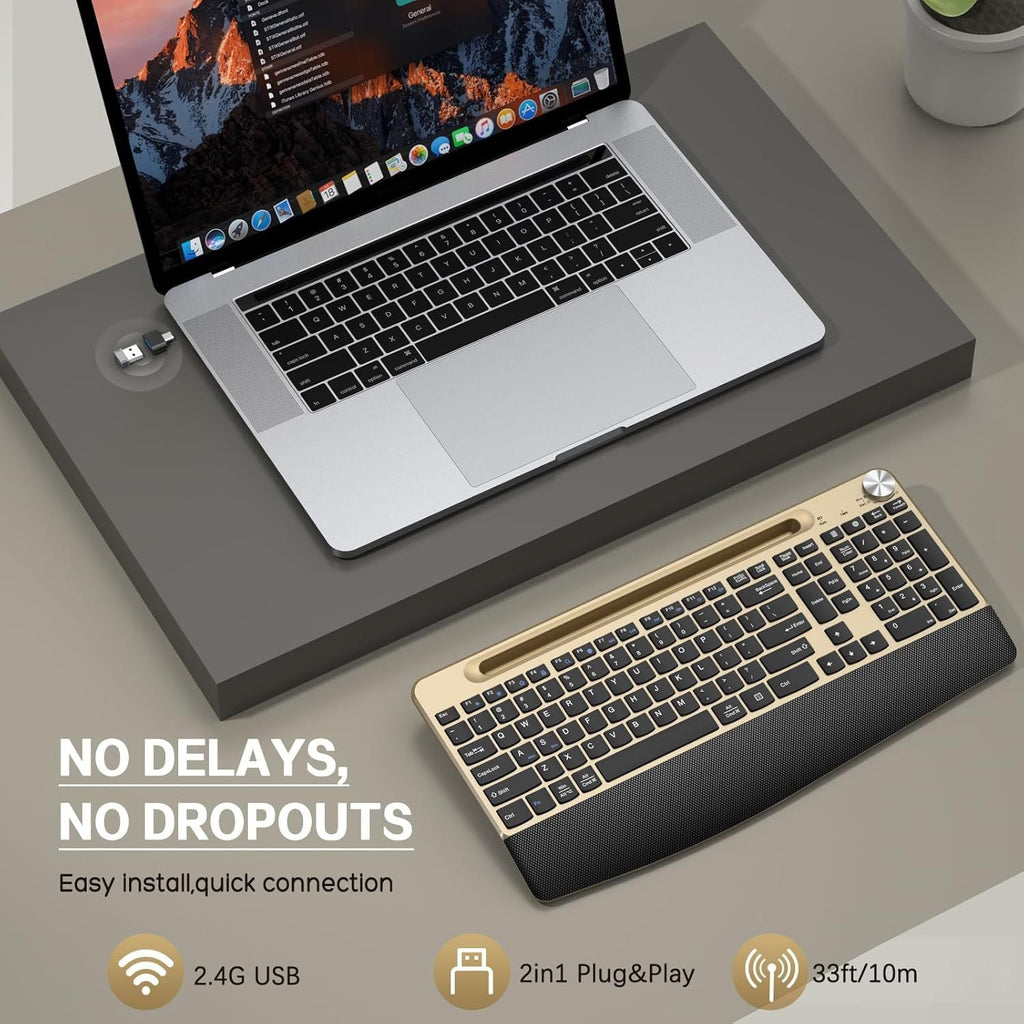 Ergonomic Wireless Keyboard with Wrist Rest-Low-Profile Phone/Tablet Holder Quiet Design Windows & Mac OS Full Size Cordless USB Computer Keyboard for Desktop,Laptop, PC, Mac, Windows-Gold