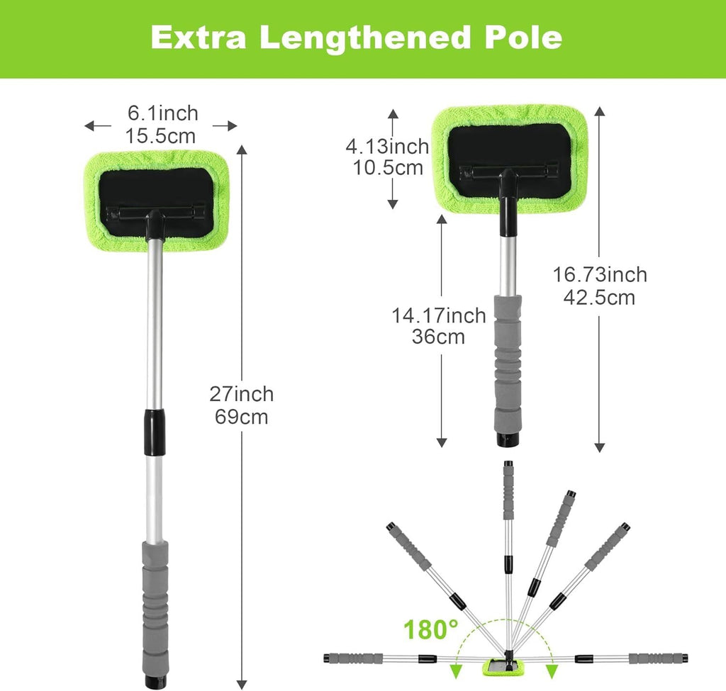 Windshield Cleaning Tool for Car – 27inch Extendable Handle Window Cleaner with Reusable Microfiber Pads, Streak-Free Interior & Exterior Auto Glass Cleaner (Green)