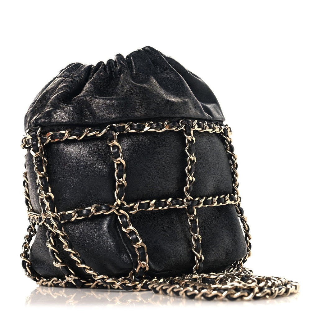 Lambskin Bucket Chain Drawstring Bag Black