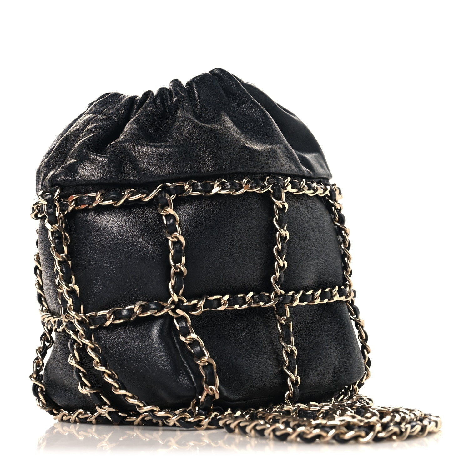 Lambskin Bucket Chain Drawstring Bag Black