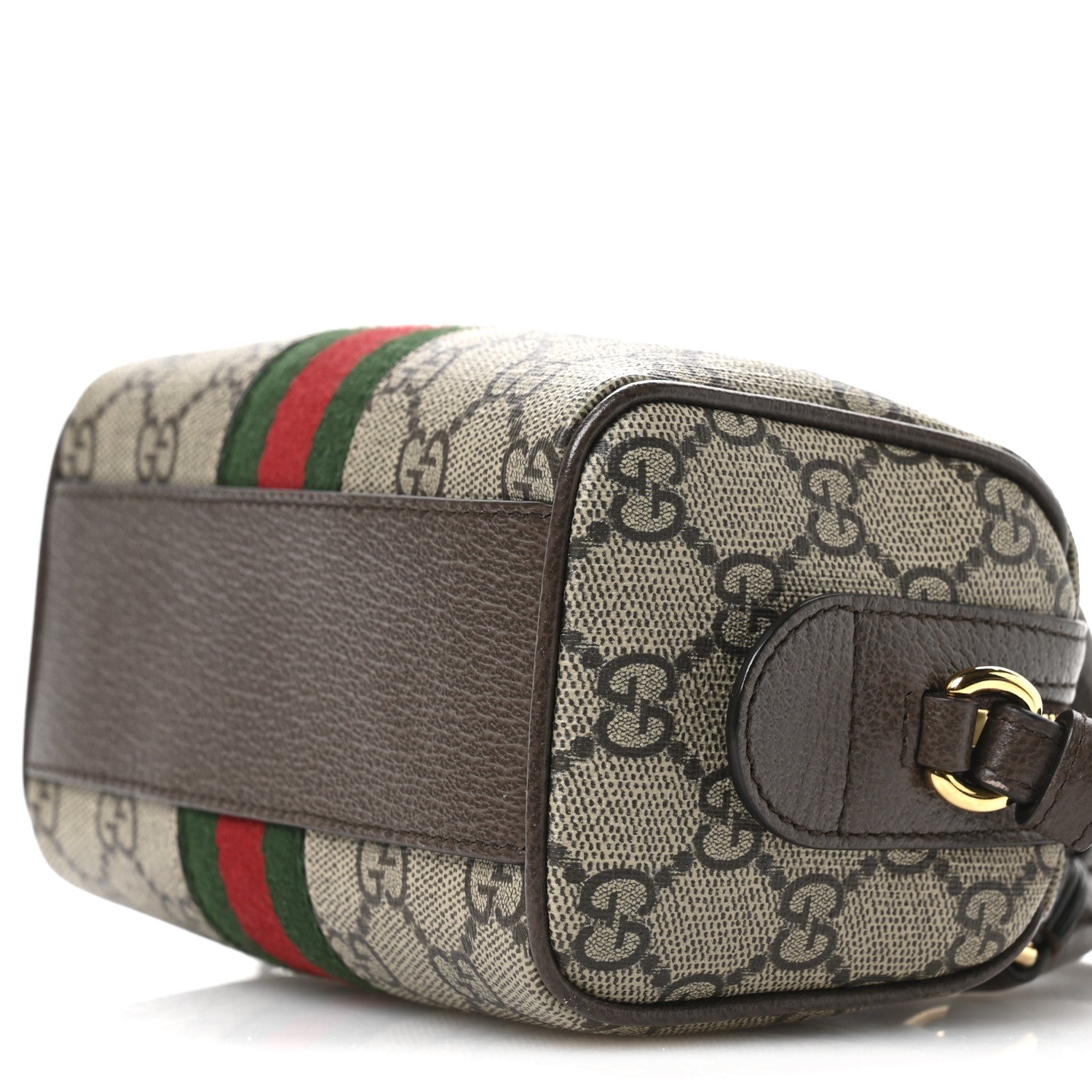 GG Supreme Monogram Textured Dollar Calfskin Web Super Mini Ophidia Top Handle Bowler Bag Beige Ebony New Acero