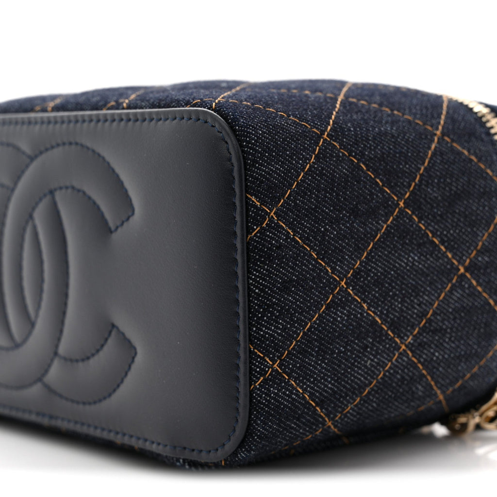 Denim Quilted Vanity Case With Chain Dark Blue