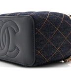 Denim Quilted Vanity Case With Chain Dark Blue