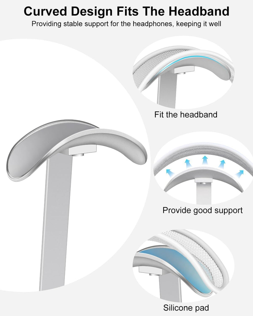 Headphone Stand for AirPods Max, Headset Holder with Aluminum Supporting Rod, Heavy Base Desk Stand Headphones Support Accessory for All Headphones - Silver White