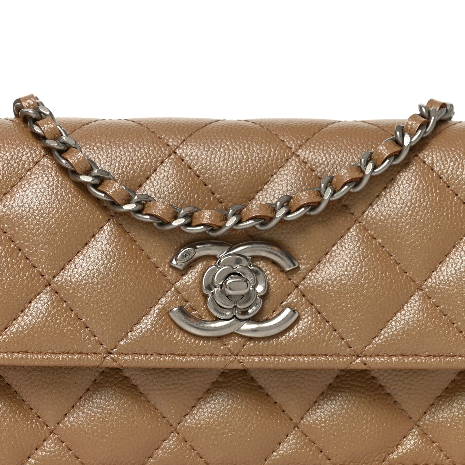 Iridescent Caviar Quilted Camellia Phone Holder With Chain Beige