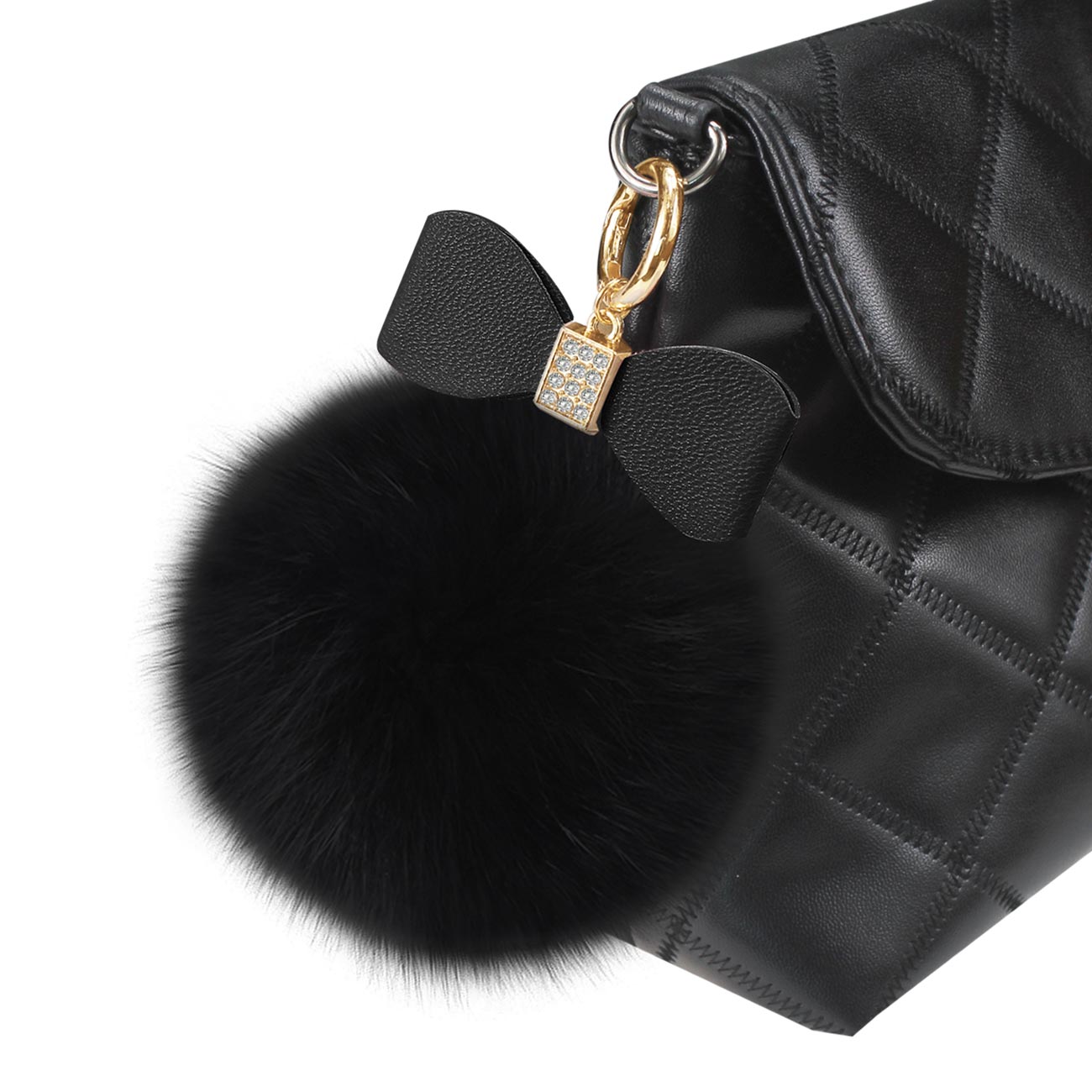 Reiko Phone Holder/ Finger Loop Grip With Rhinestone Soft Puffy Fur Ball In Black