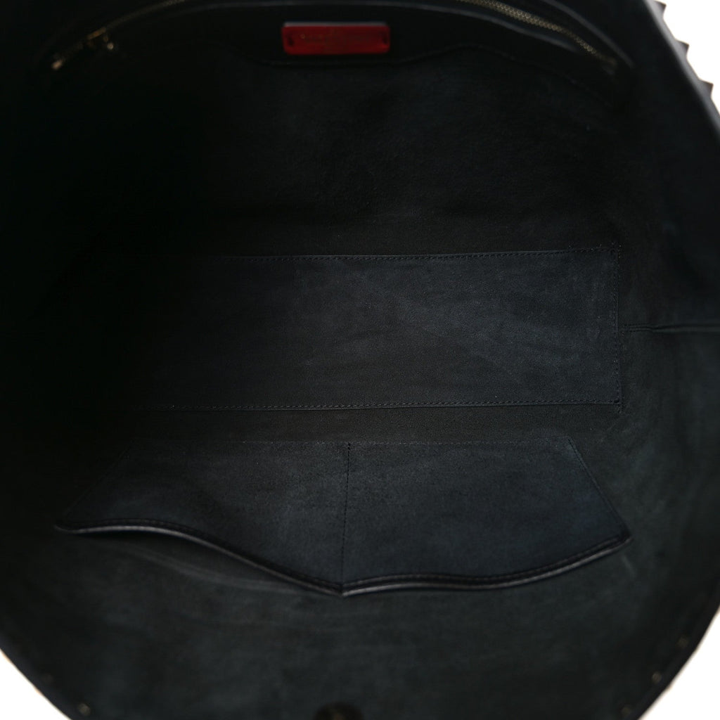Grained Calfskin Rockstud Shoulder Tote Black