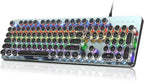 Typewriter Style Mechanical Gaming Keyboard, Metal Panel, Retro Punk Round Keycaps, Clicky Blue Switch, Rainbow LED Backlit, 104 Keys Wired Keyboard, Round Keycaps for PC Laptop Mac Gamer