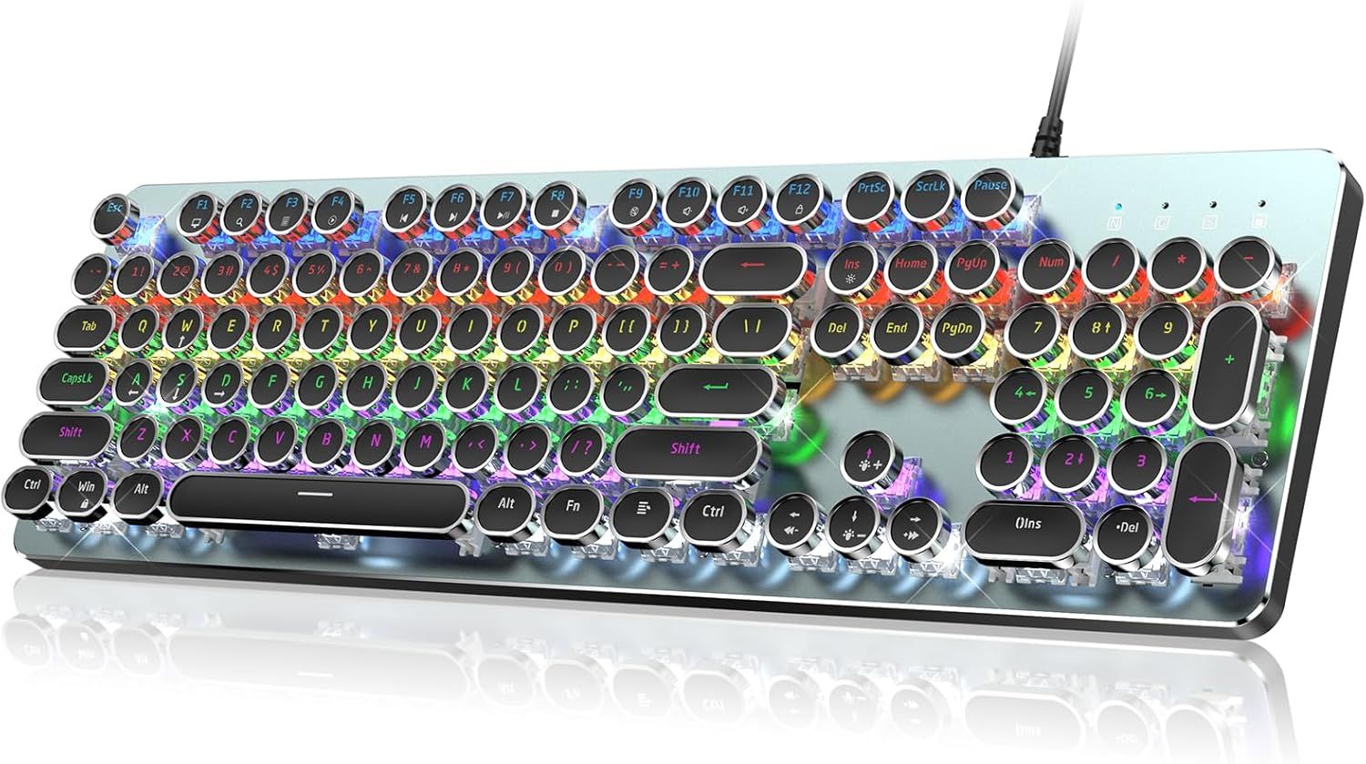 Typewriter Style Mechanical Gaming Keyboard, Metal Panel, Retro Punk Round Keycaps, Clicky Blue Switch, Rainbow LED Backlit, 104 Keys Wired Keyboard, Round Keycaps for PC Laptop Mac Gamer
