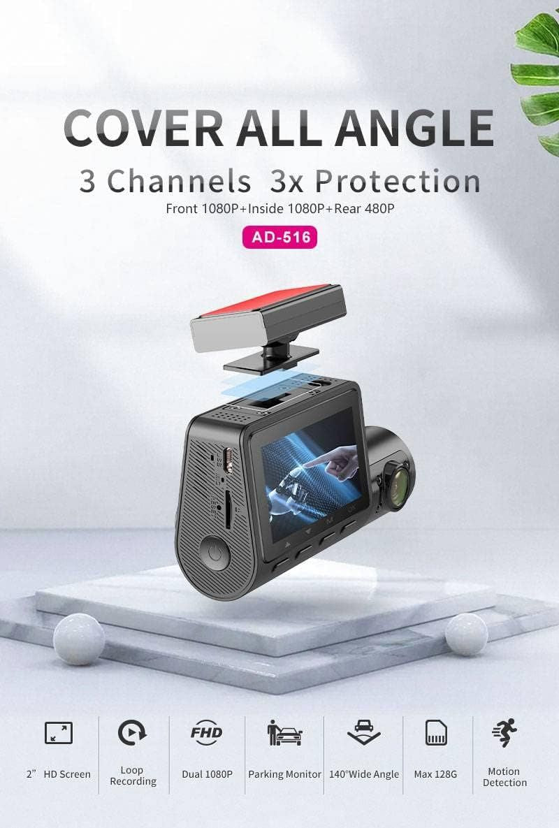 3 Channel Dash Cam for Car with 1080 + 1080 + 480p Three Lenses, Wide Angle Monitoring Range of 140° + 140° + 130°, 24-Hour Parking Monitoring, 4 Infrared Lamps with 64GB Memory Card