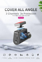 3 Channel Dash Cam for Car with 1080 + 1080 + 480p Three Lenses, Wide Angle Monitoring Range of 140° + 140° + 130°, 24-Hour Parking Monitoring, 4 Infrared Lamps with 64GB Memory Card