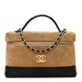 Suede Calfskin Shiny Lambskin Stitched Top Handle Slim Vanity Case With Chain Beige Black