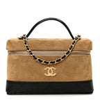 Suede Calfskin Shiny Lambskin Stitched Top Handle Slim Vanity Case With Chain Beige Black