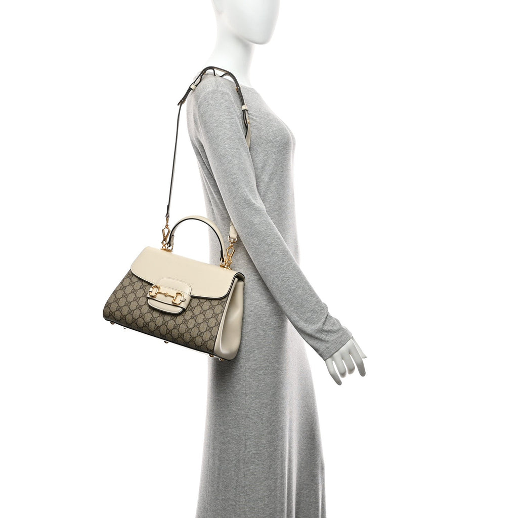 GG Supreme Monogram Calfskin Medium Horsebit 1955 Top Handle Bag Beige Ebony Mystic White