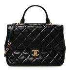 Glazed Calfskin Quilted Large Gold Bar Top Handle Flap Black
