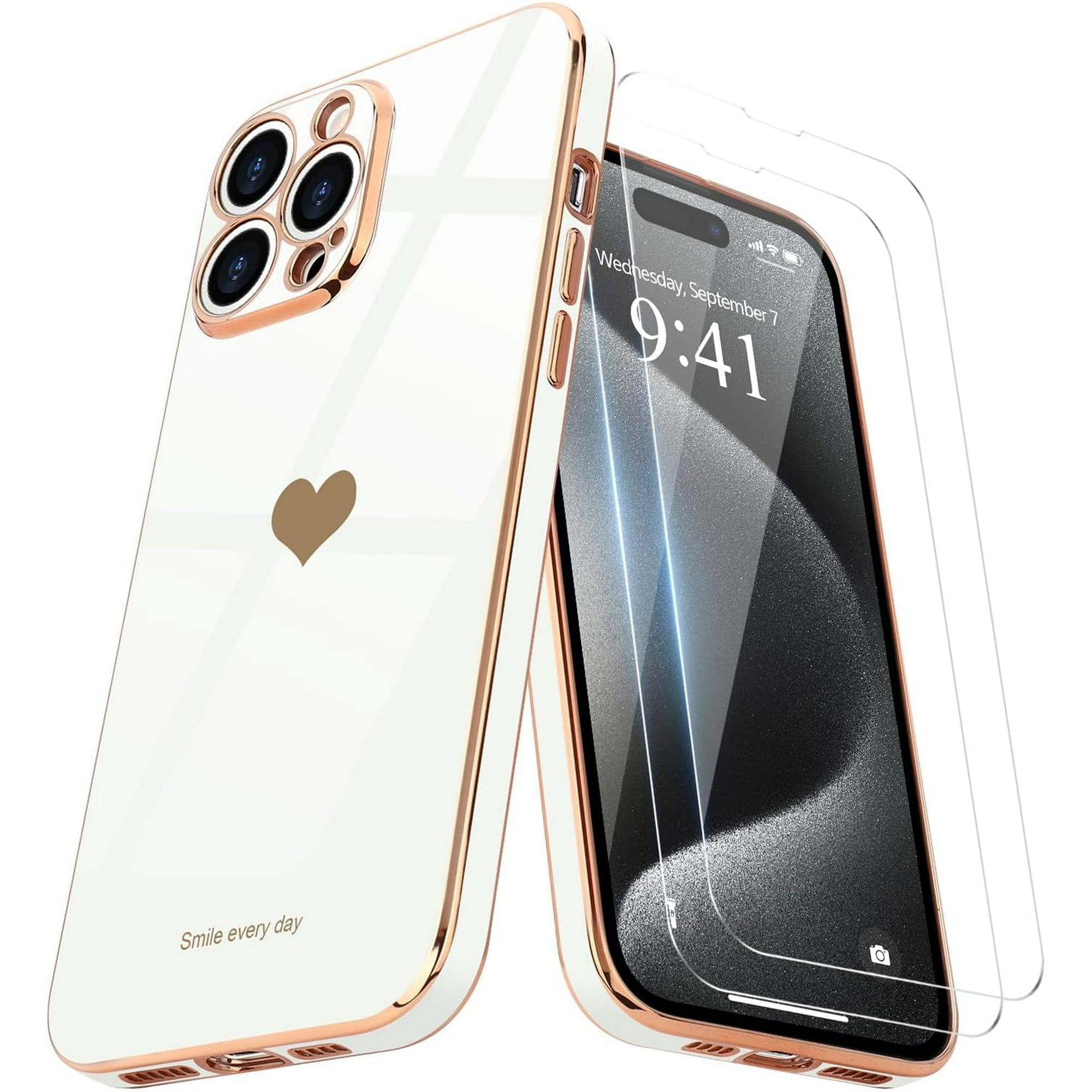 Entronix Bundle Compatible with iPhone 15 Pro Max - [Flexible] Glossy Heart Case & 2 Clear Screen Protectors