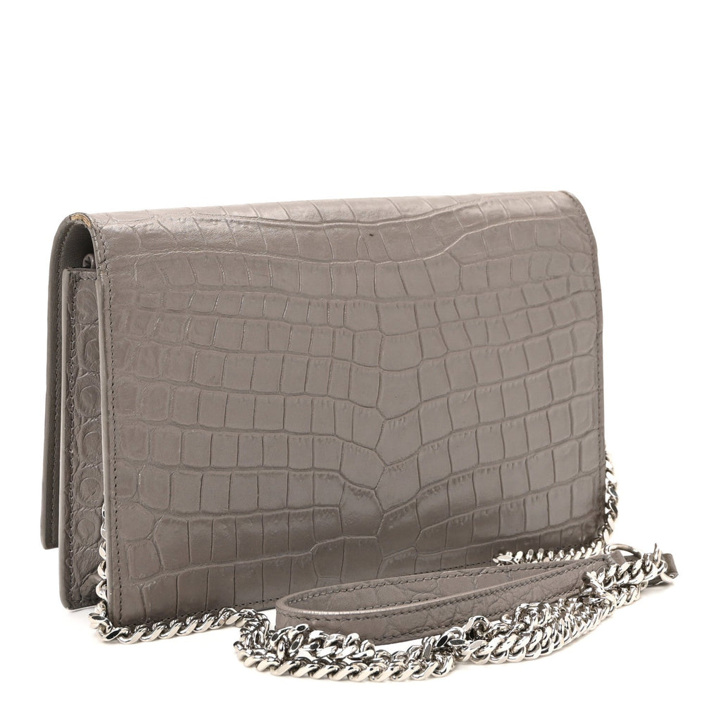 Calfskin Crocodile Embossed Kate Monogram Tassel Chain Wallet Fog