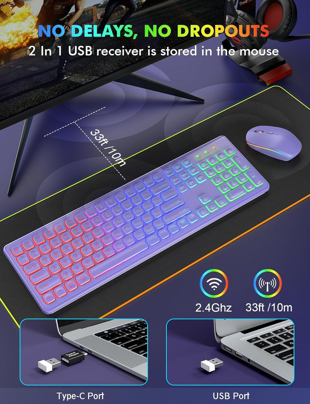 Wireless Keyboard and Mouse Combo, RGB Backlit, Rechargeable & Light Up Letters, Full-Size, Soft Typing, Sleep Mode, 2.4GHz Quiet Keyboard Set for Mac, Windows, Laptop, PC, Trueque (Purple)