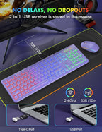 Wireless Keyboard and Mouse Combo, RGB Backlit, Rechargeable & Light Up Letters, Full-Size, Soft Typing, Sleep Mode, 2.4GHz Quiet Keyboard Set for Mac, Windows, Laptop, PC, Trueque (Purple)