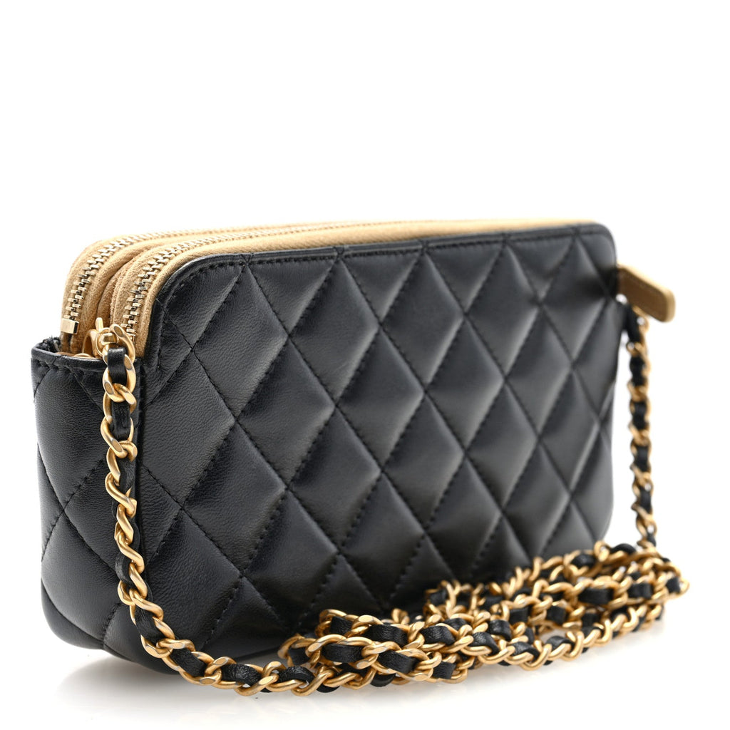 Suede Shiny Lambskin Quilted Phone Holder With Chain Black Beige