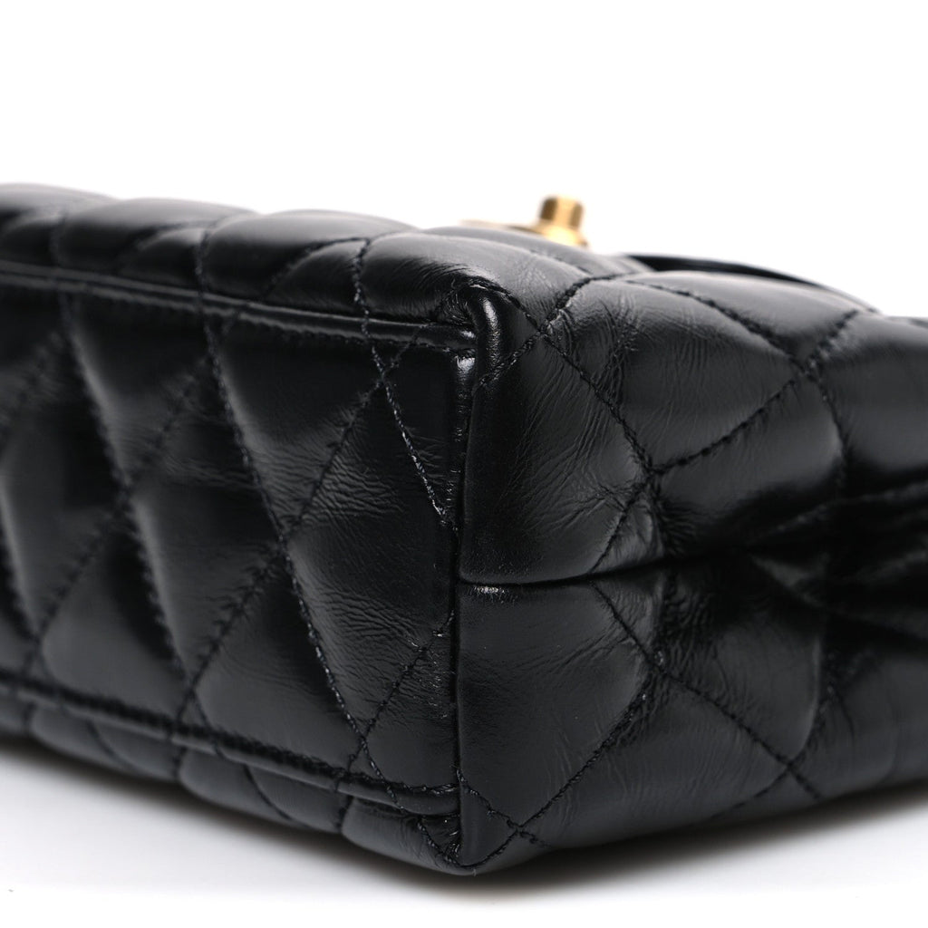Shiny Aged Calfskin Quilted Nano Kelly Shopper Black