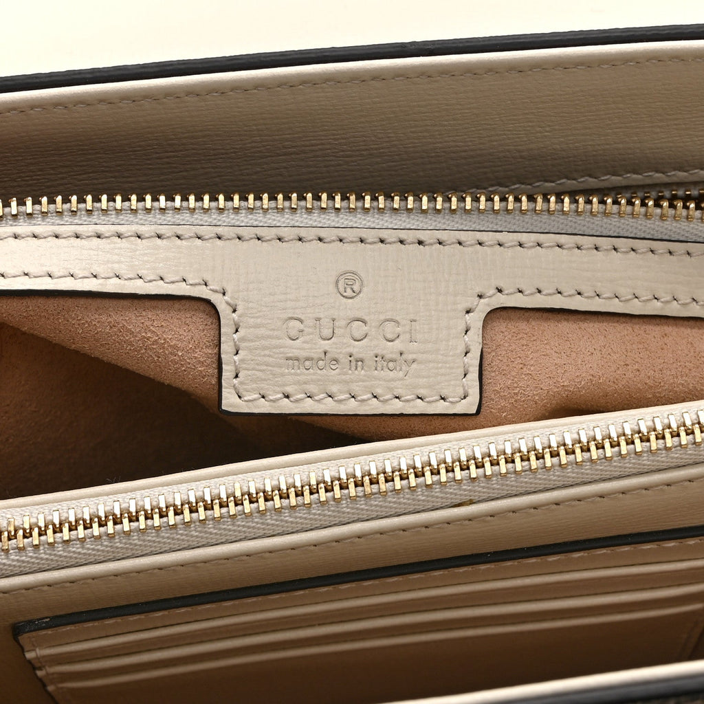 GG Supreme Monogram Calfskin Medium Horsebit 1955 Top Handle Bag Beige Ebony Mystic White
