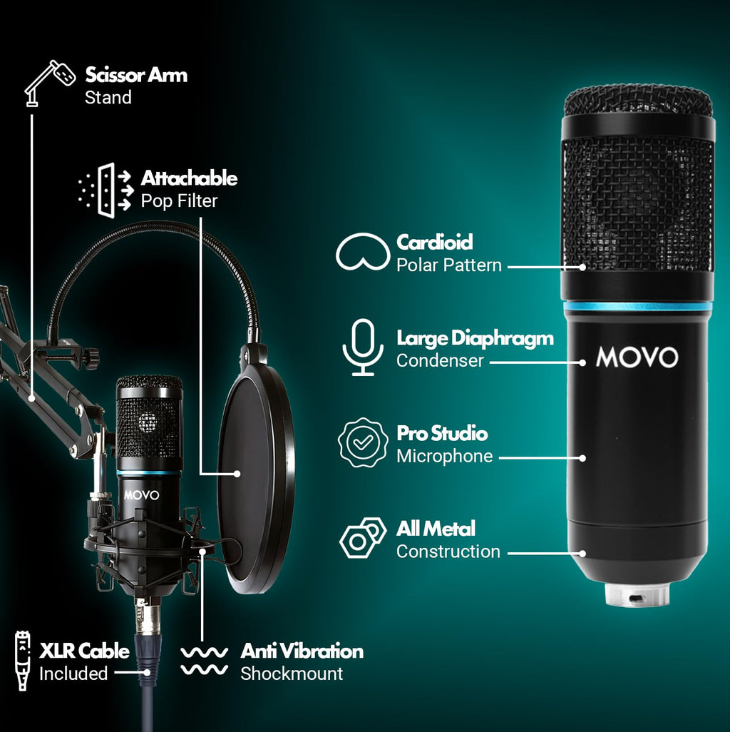 Movo PodPak Podcast Equipment Bundle with Microphone, Boom Arm, and Pop Filter