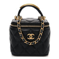 Lambskin Quilted Metal Mini Top Handle Vanity Case With Chain Black