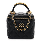 Lambskin Quilted Metal Mini Top Handle Vanity Case With Chain Black