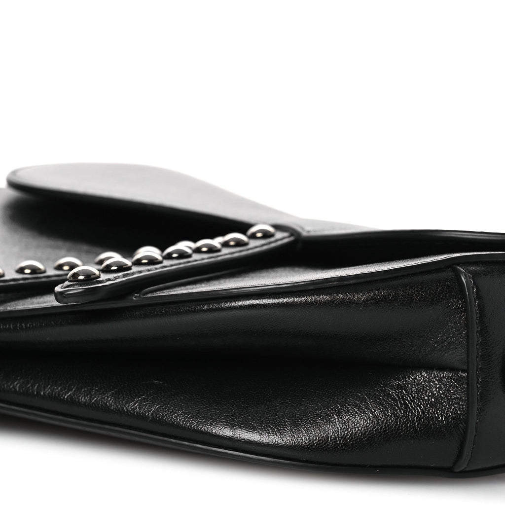 Shiny Crinkled Calfskin Studded Saddle Bag Black