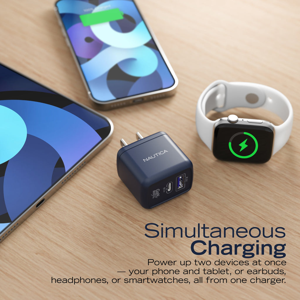 Nautica CH130 Charger - Fast Charging 30W PD USB-C / USB-A QC3.0 Dual Port Wall Charger for iPhone 16/15, Galaxy, Pixel