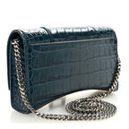 Shiny Calfskin Crocodile Embossed Hourglass Chain Bag Dark Petrol Blue