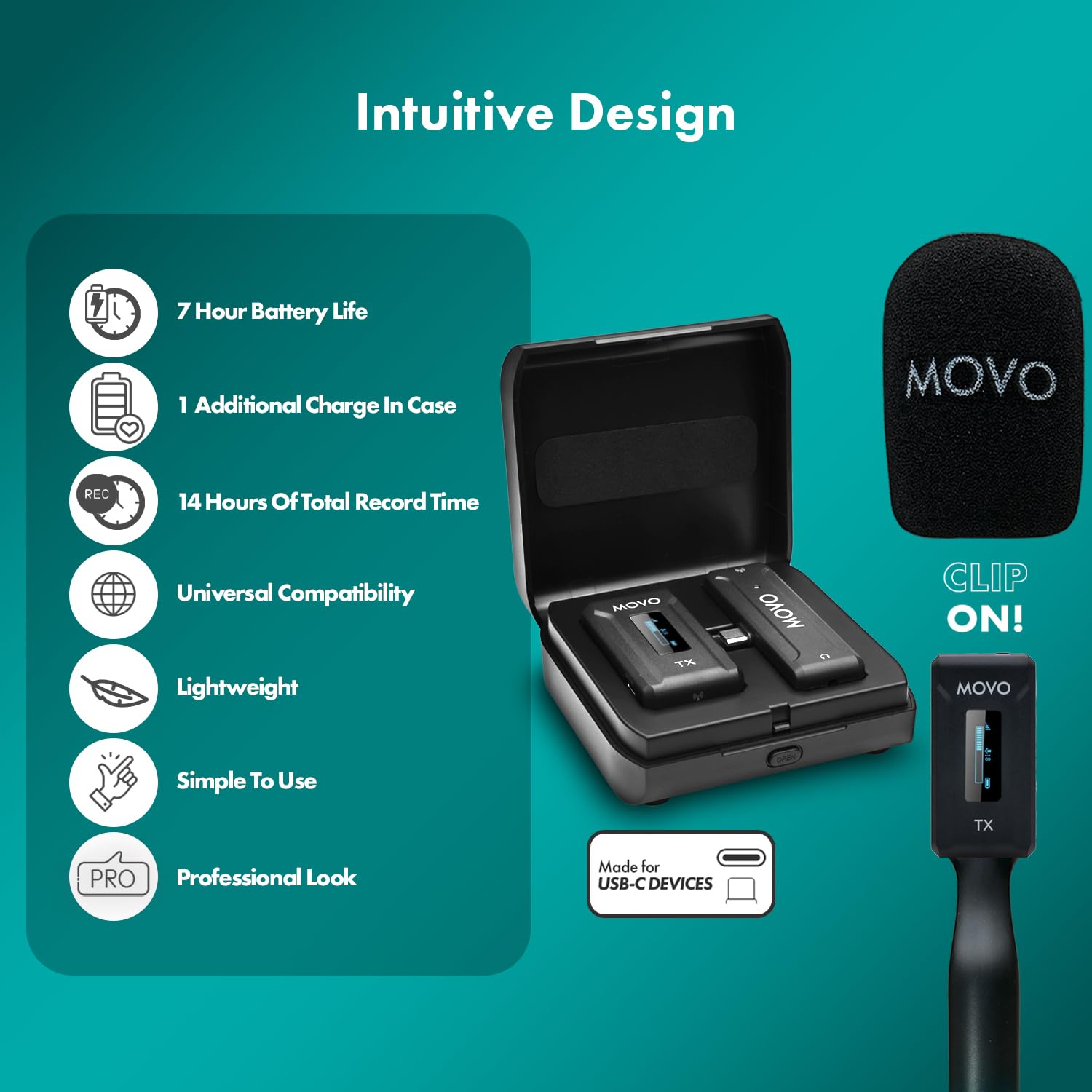 Movo WMX-2-C USB-C Wireless Mic for USB-C w Handle
