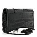 Shiny Calfskin Monochrome Crocodile Embossed Hourglass Chain Bag Black