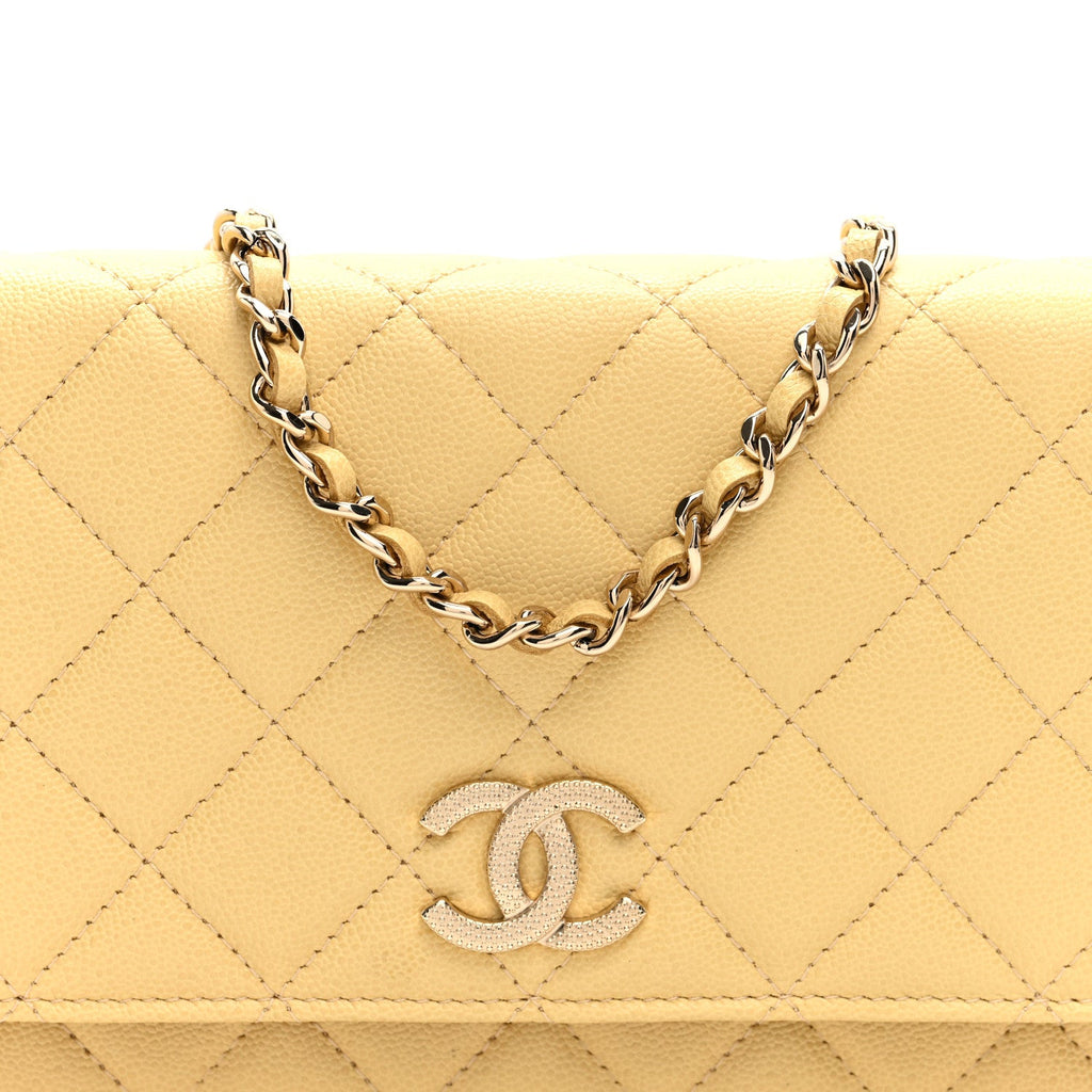 Caviar Quilted Studded CC Wallet on Chain WOC Yellow