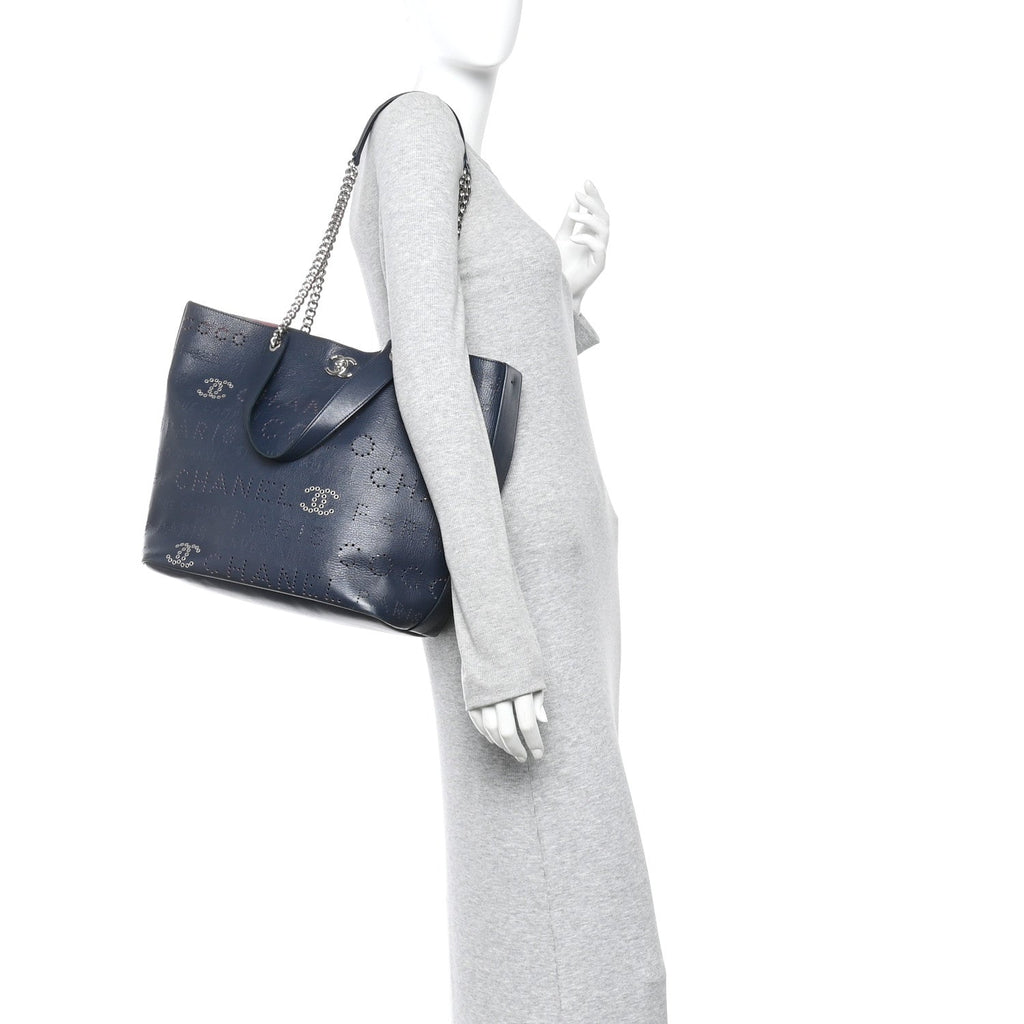 Calfskin Tweed Small Logo Eyelets Shopping Tote Navy Blue