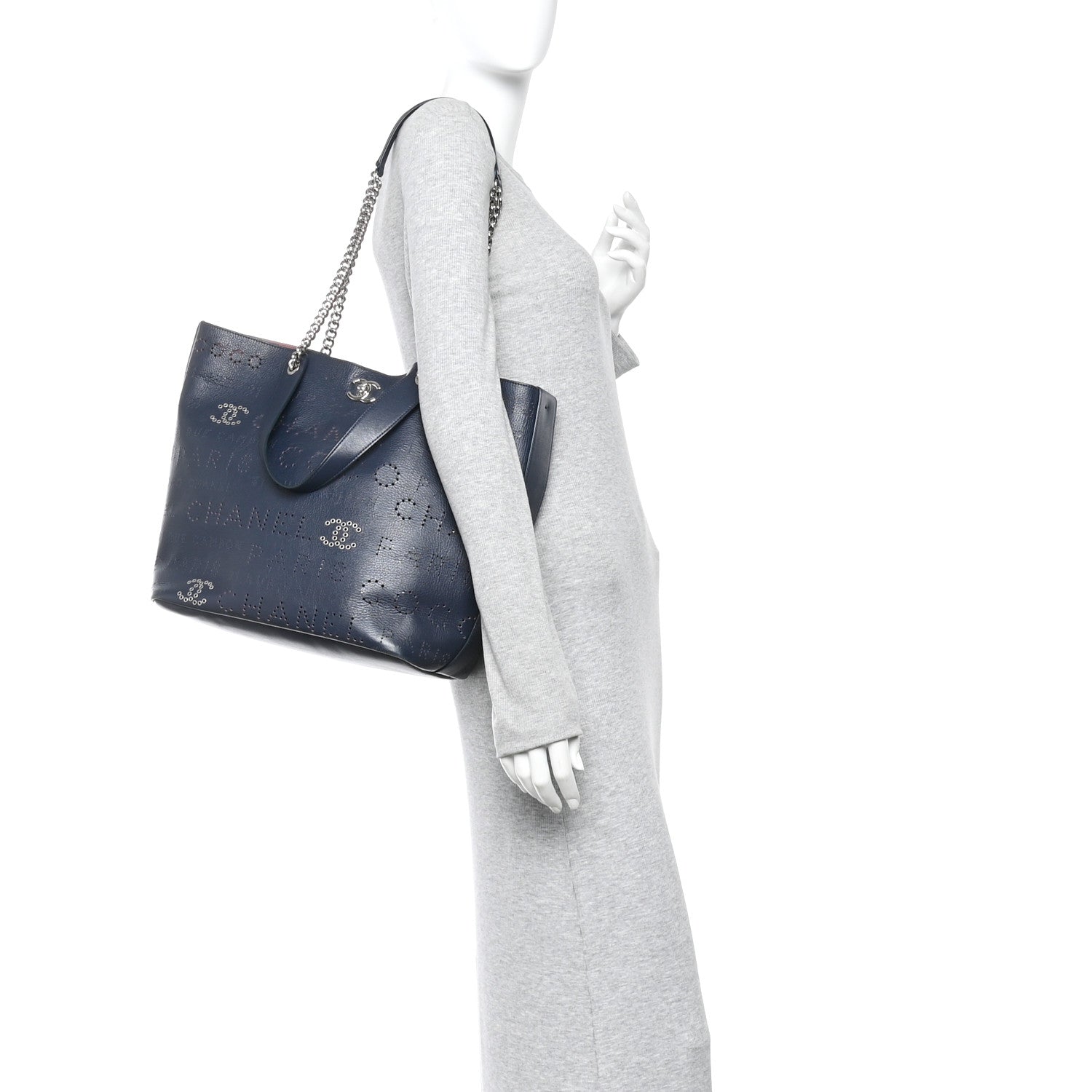 Calfskin Tweed Small Logo Eyelets Shopping Tote Navy Blue