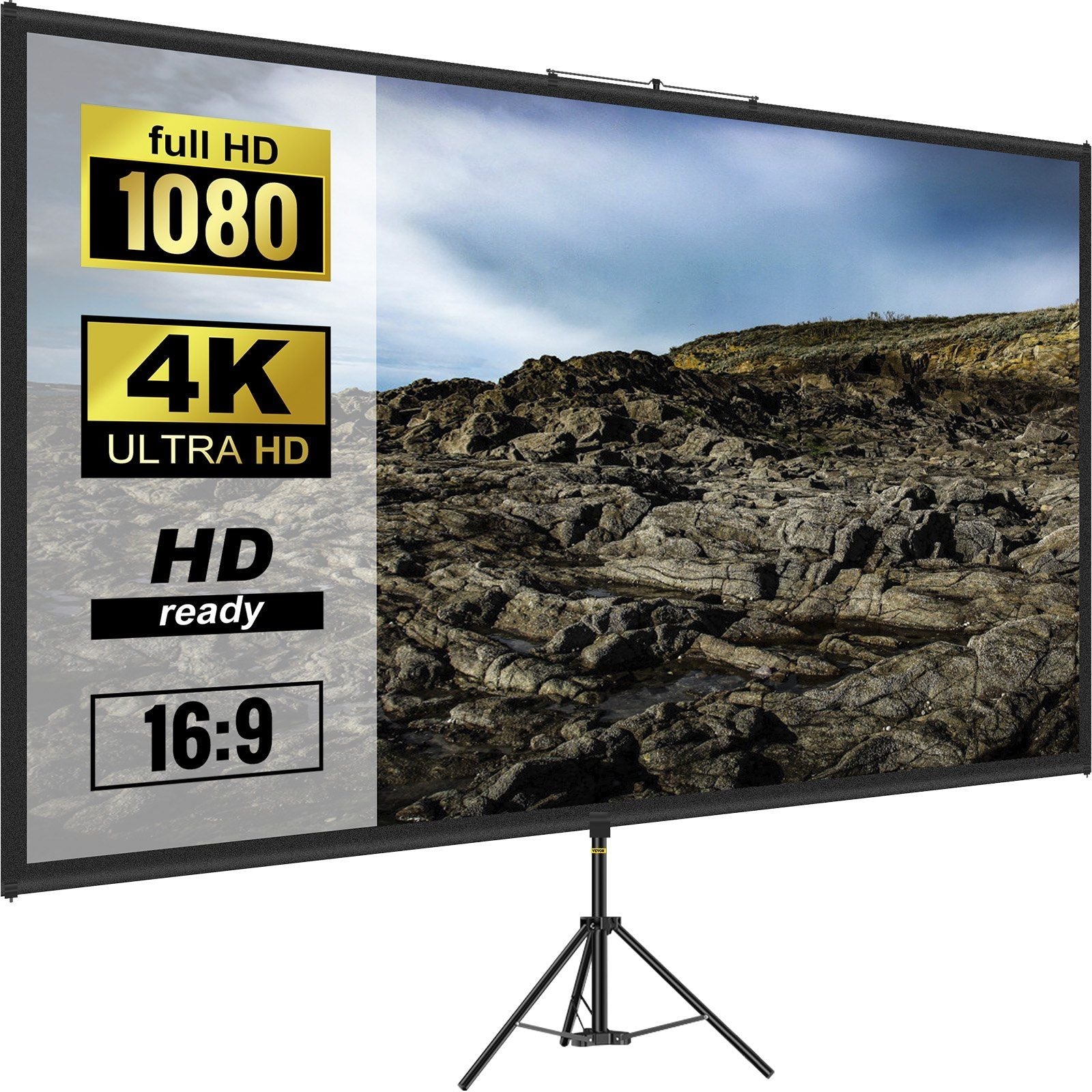 Tripod Projector Screen with Stand 90 inch 16:9 4K HD Projection Screen Stand Wrinkle-Free Height Adjustable Portable Screen for Projector Indoor & Outdoor for Movie, Home Cinema, Gaming, Office