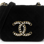 Velvet Quilted Crystal CC Mini Flap Black
